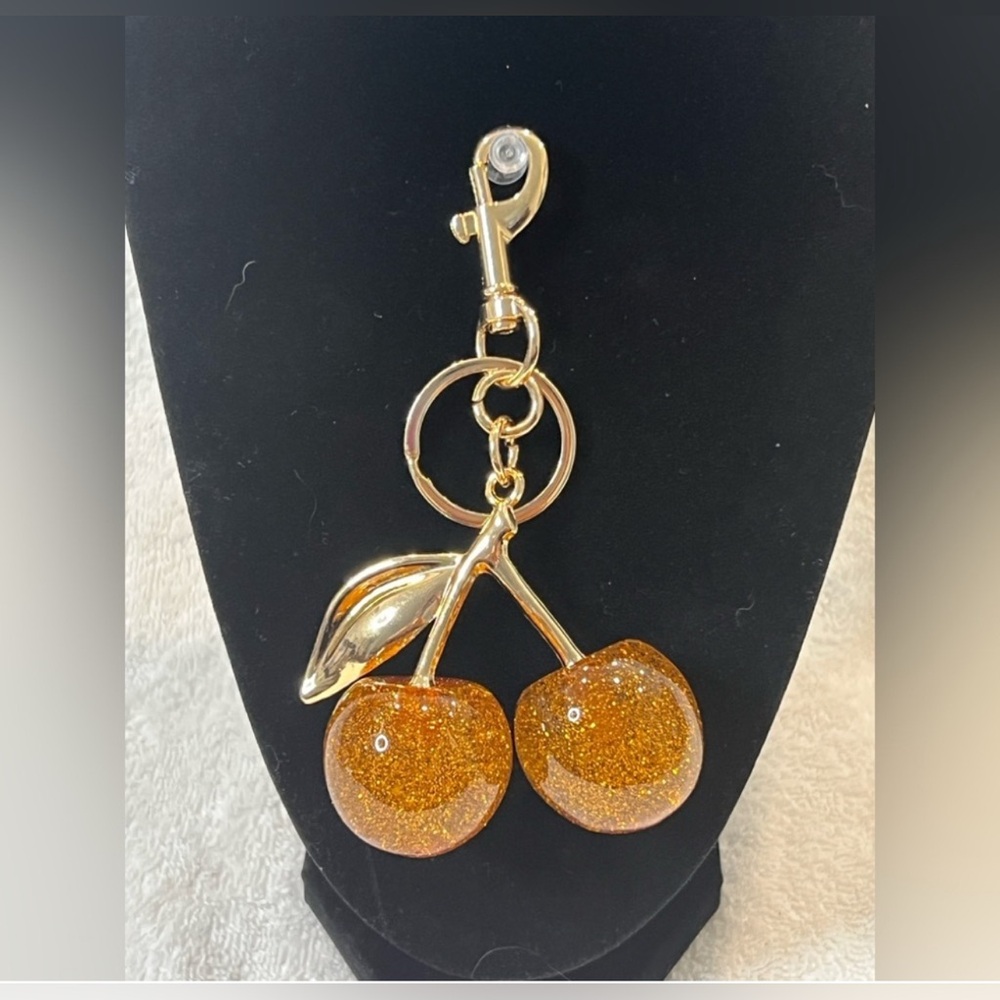 Gold Cherry Keychain/Bag Charm Accessory in Pale Gold-tone hardware